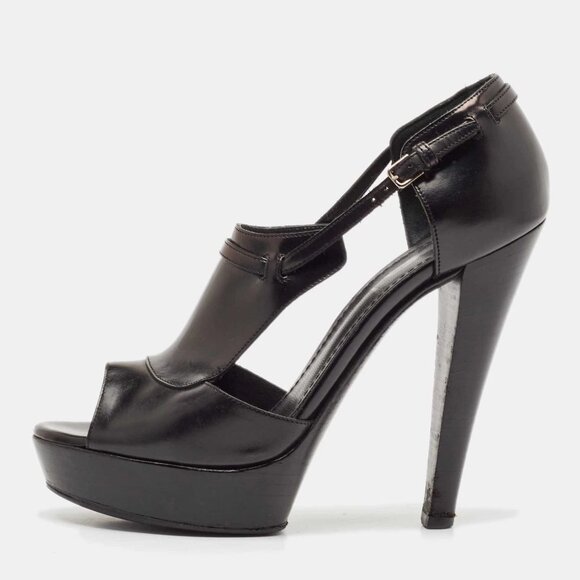 Yves Saint Laurent Black Leather T-Strap Platform Sandals 328-050925